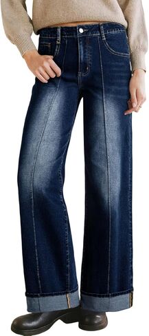 Sidefeel Women's Wide Leg Cuffed Jeans High Waisted Baggy Stretchy Denim Pants with Pockets in Saudi Arabia