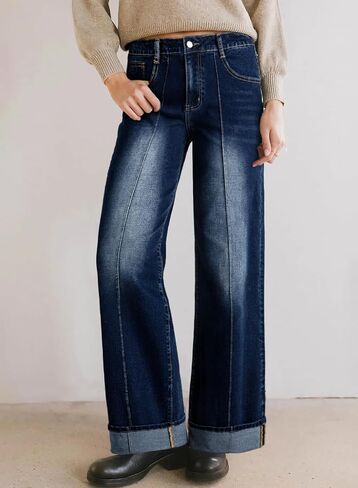 Sidefeel Women's Wide Leg Cuffed Jeans High Waisted Baggy Stretchy Denim Pants with Pockets in Saudi Arabia