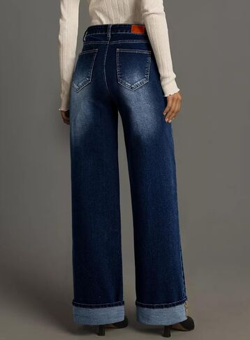 Sidefeel Women's Wide Leg Cuffed Jeans High Waisted Baggy Stretchy Denim Pants with Pockets in Saudi Arabia