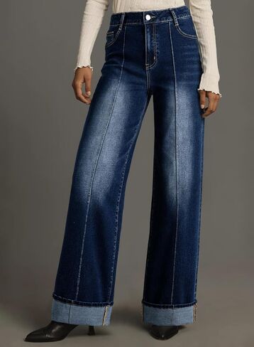 Sidefeel Women's Wide Leg Cuffed Jeans High Waisted Baggy Stretchy Denim Pants with Pockets in Saudi Arabia