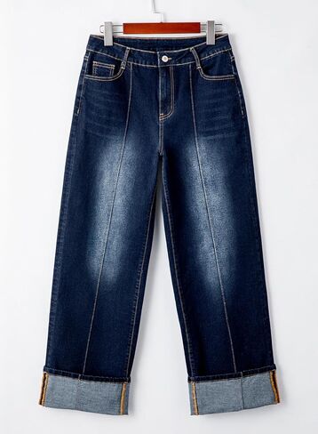 Sidefeel Women's Wide Leg Cuffed Jeans High Waisted Baggy Stretchy Denim Pants with Pockets in Saudi Arabia