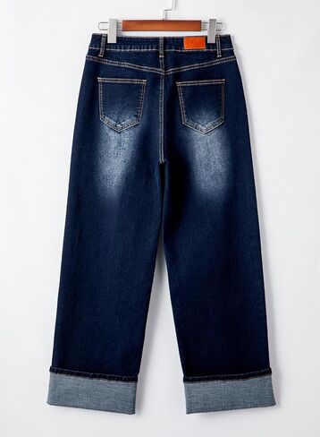 Sidefeel Women's Wide Leg Cuffed Jeans High Waisted Baggy Stretchy Denim Pants with Pockets in Saudi Arabia