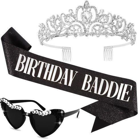 3pcs عيد ميلاد Baddie Sash و Crystal Crown والنظارات الشمسية مضحكة باددي ملحقات حفلة عيد ميلاد in Kuwait