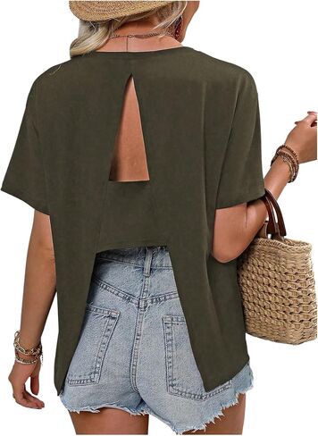 SOLY HUX Women's Open Back Tops Cut Out Split Tee Short Sleeve Round Neck Casual T Shirt in Saudi Arabia