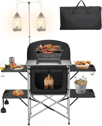 Camping Table, Camping Kitchen Table, Folding Camping Table with Storage Bag, 3 Multifunctional Storage Cupboards & Windshield Cooking Station, for BBQ, Picnic, Cooking in Kuwait