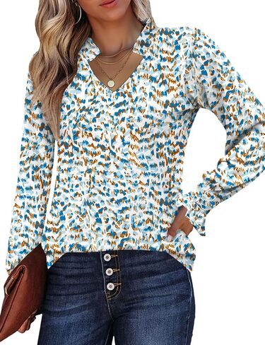 Kistore Long Sleeve Shirts for Women Pleated Cuffs Dressy Business Casual Blouses 2025 Trendy Puff V Neck Tunic Tops in Kuwait