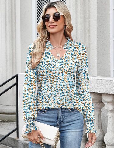 Kistore Long Sleeve Shirts for Women Pleated Cuffs Dressy Business Casual Blouses 2025 Trendy Puff V Neck Tunic Tops in Kuwait