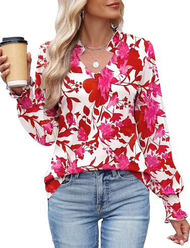 Kistore Long Sleeve Shirts for Women Pleated Cuffs Dressy Business Casual Blouses 2025 Trendy Puff V Neck Tunic Tops in Kuwait