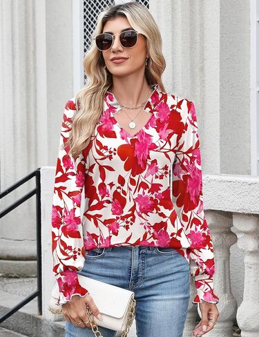 Kistore Long Sleeve Shirts for Women Pleated Cuffs Dressy Business Casual Blouses 2025 Trendy Puff V Neck Tunic Tops in Kuwait