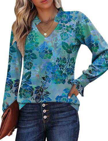 Kistore Long Sleeve Shirts for Women Pleated Cuffs Dressy Business Casual Blouses 2025 Trendy Puff V Neck Tunic Tops in Kuwait