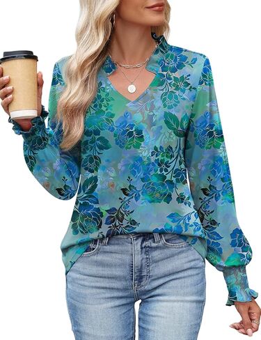 Kistore Long Sleeve Shirts for Women Pleated Cuffs Dressy Business Casual Blouses 2025 Trendy Puff V Neck Tunic Tops in Kuwait
