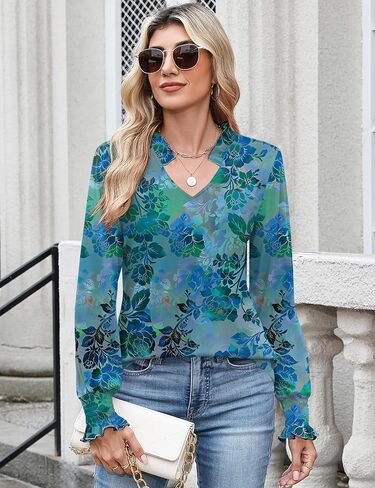 Kistore Long Sleeve Shirts for Women Pleated Cuffs Dressy Business Casual Blouses 2025 Trendy Puff V Neck Tunic Tops in Kuwait