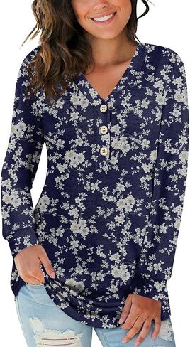 BISHUIGE Womens Long Sleeve Henley Tunic Tops Button T-Shirts V-Neck Casual Sweatshirt in Kuwait