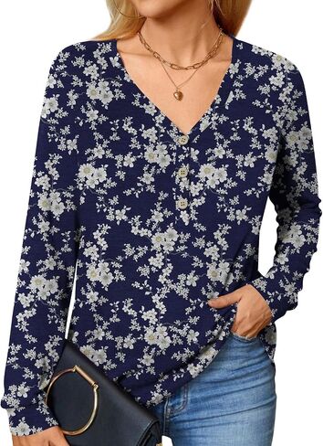 BISHUIGE Womens Long Sleeve Henley Tunic Tops Button T-Shirts V-Neck Casual Sweatshirt in Kuwait