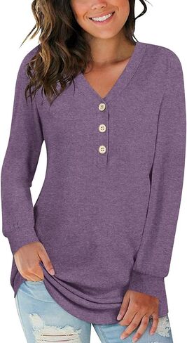 BISHUIGE Womens Long Sleeve Henley Tunic Tops Button T-Shirts V-Neck Casual Sweatshirt in Kuwait