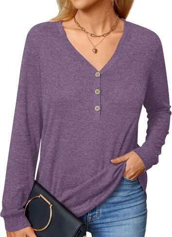 BISHUIGE Womens Long Sleeve Henley Tunic Tops Button T-Shirts V-Neck Casual Sweatshirt in Kuwait