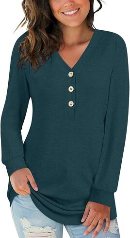 BISHUIGE Womens Long Sleeve Henley Tunic Tops Button T-Shirts V-Neck Casual Sweatshirt in Kuwait