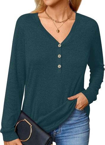 BISHUIGE Womens Long Sleeve Henley Tunic Tops Button T-Shirts V-Neck Casual Sweatshirt in Kuwait