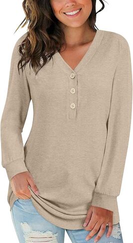 BISHUIGE Womens Long Sleeve Henley Tunic Tops Button T-Shirts V-Neck Casual Sweatshirt in Kuwait
