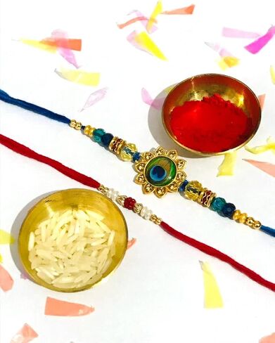 2pc Rakhi Raksha Bandhan مع Roli Chawal Tika Indian Festive for Brother Brother Boher & Friends Gift in Kuwait