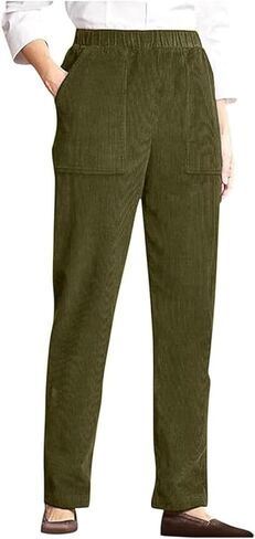 Corduroy Pants for Women Elastic High Waist Pull On Straight Leg Slacks Casual Fall Trousers with Pockets in Kuwait