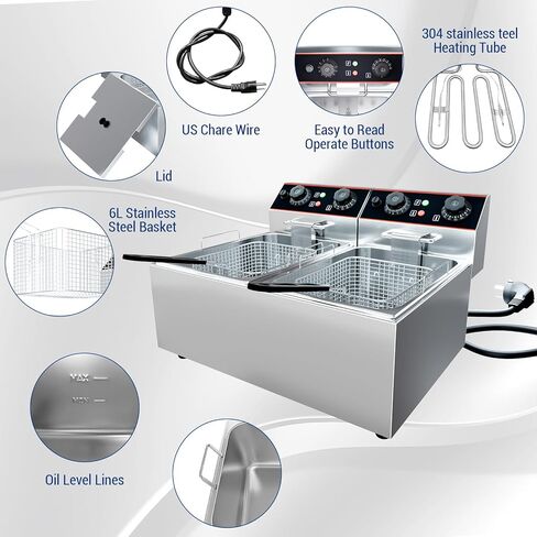 مقلاة عميقة تجارية مع سلة ، 6.3 كيو تي/6 لتر مقلاة كهربائية كهربائية من الفولاذ المقاوم للصدأ مع التحكم في درجة الحرارة للمطعم والاستخدام المنزلي ، 1500 واط in Kuwait