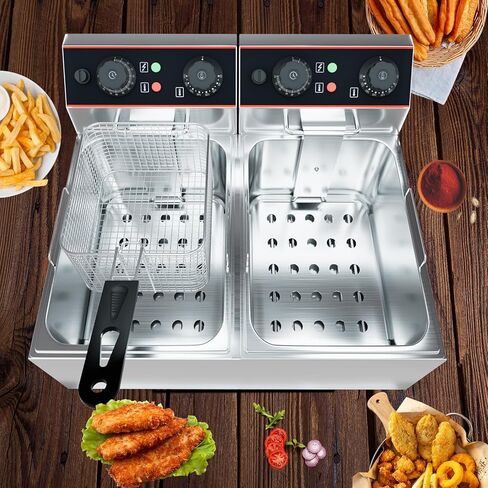 مقلاة عميقة تجارية مع سلة ، 6.3 كيو تي/6 لتر مقلاة كهربائية كهربائية من الفولاذ المقاوم للصدأ مع التحكم في درجة الحرارة للمطعم والاستخدام المنزلي ، 1500 واط in Kuwait