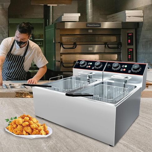 مقلاة عميقة تجارية مع سلة ، 6.3 كيو تي/6 لتر مقلاة كهربائية كهربائية من الفولاذ المقاوم للصدأ مع التحكم في درجة الحرارة للمطعم والاستخدام المنزلي ، 1500 واط in Kuwait