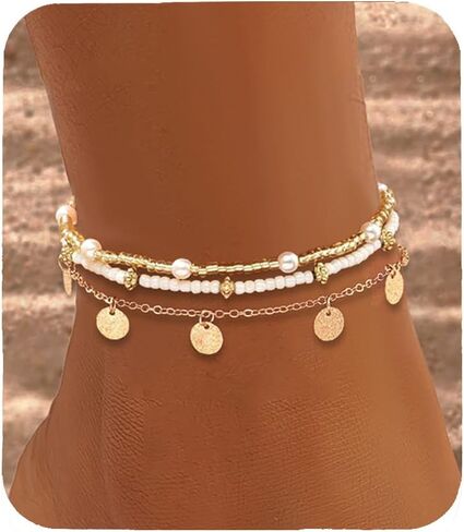 Nanafast Beaded Boho Anklets for Women, Beachy Shell Anklets for Women, Puka Shell & Starfish Charms Beach Jewelry Adjustable in Saudi Arabia