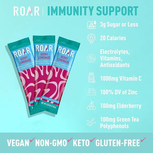 Roar Complete Hydration Powder Plus - Hydration Packets with Zinc and Elderberry - Electrolytes Powder No GMOs, Gluten Free - Berry Lemonade - 12 pc in Kuwait