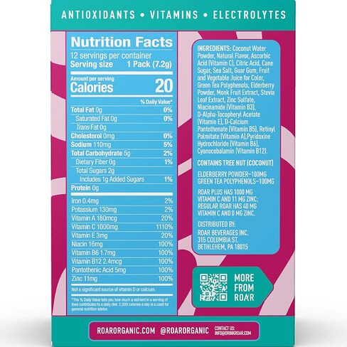 Roar Complete Hydration Powder Plus - Hydration Packets with Zinc and Elderberry - Electrolytes Powder No GMOs, Gluten Free - Berry Lemonade - 12 pc in Kuwait