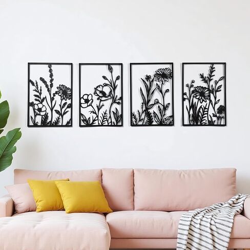 GALLERY GRACE Floral Metal Wall Art for Living Room - 4 Pieces, 16" x 11" Handmade Floral Metal Wall Decor for Bedroom, Living Room, Office - Modern, Boho, Minimalist Style in Saudi Arabia