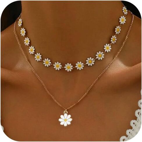 HUASAI Daisy Necklace for Women White Flower Choker Necklace Daisy Pearl Necklaces Summer Jewelry for Women 2025 in Kuwait