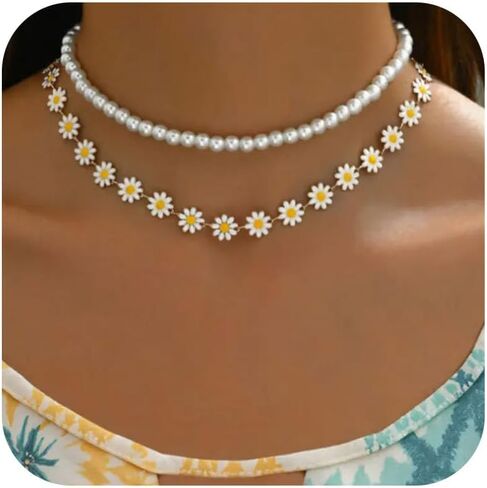 HUASAI Daisy Necklace for Women White Flower Choker Necklace Daisy Pearl Necklaces Summer Jewelry for Women 2025 in Kuwait