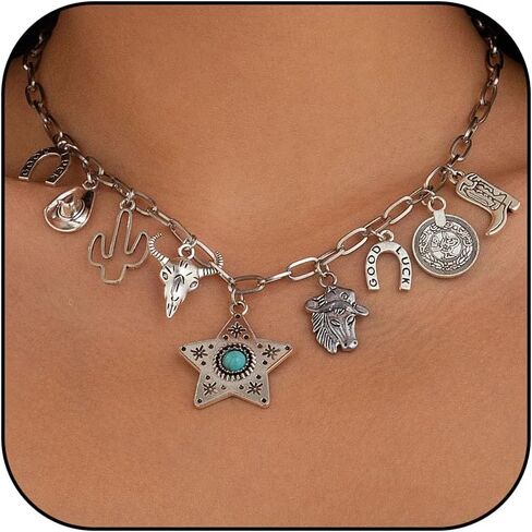 Western Necklaces for Women Cowgirl Outfits Cowgirl Necklace for Women Cowboy Boot Hat Bull Head Pearl Cross Turquoise Necklace Western Outfits for Women in Kuwait
