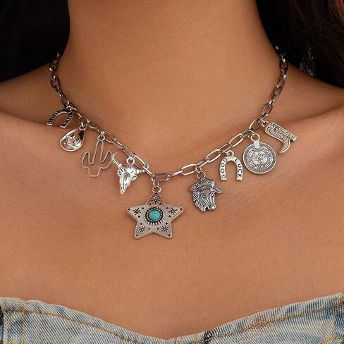 Western Necklaces for Women Cowgirl Outfits Cowgirl Necklace for Women Cowboy Boot Hat Bull Head Pearl Cross Turquoise Necklace Western Outfits for Women in Kuwait