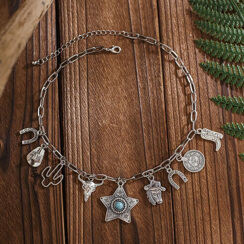 Western Necklaces for Women Cowgirl Outfits Cowgirl Necklace for Women Cowboy Boot Hat Bull Head Pearl Cross Turquoise Necklace Western Outfits for Women in Kuwait