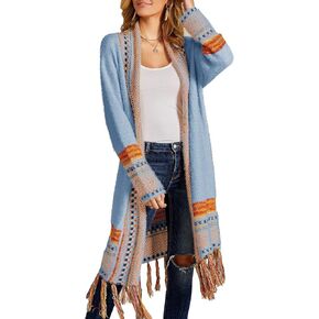 Misassy Womens Boho مفتوحة الأمام الوجهين سترة سترة طويلة فضفاضة طويلة الأكمام تطريز الشرابات كيمونو Duster Outwear in Kuwait