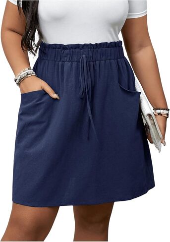 OYOANGLE Women's Plus Size Drawstring High Waisted A Line Short Skirts Work Dressy Skirt with Pocket in Saudi Arabia