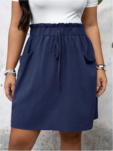 OYOANGLE Women's Plus Size Drawstring High Waisted A Line Short Skirts Work Dressy Skirt with Pocket in Saudi Arabia