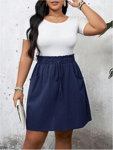 OYOANGLE Women's Plus Size Drawstring High Waisted A Line Short Skirts Work Dressy Skirt with Pocket in Saudi Arabia