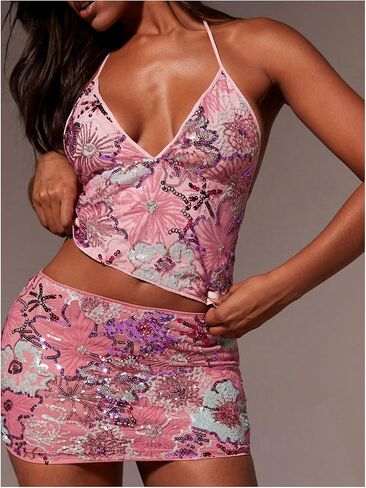 Makemechic Women's Floral Sequin Skirt Sparkly Low Weist Bodycon Party Party Shorts in Kuwait