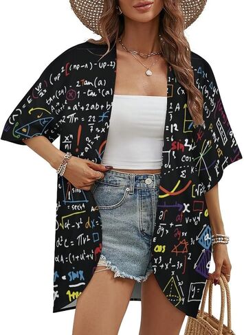 Handwritten Math Formulas Pattern Women's Short Sleeved Cardigan Jacket Summer Coat in Saudi Arabia