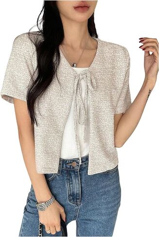 GORGLITTER Women's Tie Front Cardigan Short Sleeve Lightweight Bow V Neck Sweaters in Saudi Arabia