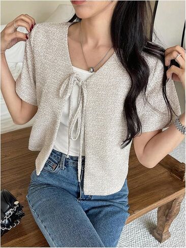GORGLITTER Women's Tie Front Cardigan Short Sleeve Lightweight Bow V Neck Sweaters in Saudi Arabia