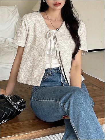 GORGLITTER Women's Tie Front Cardigan Short Sleeve Lightweight Bow V Neck Sweaters in Saudi Arabia
