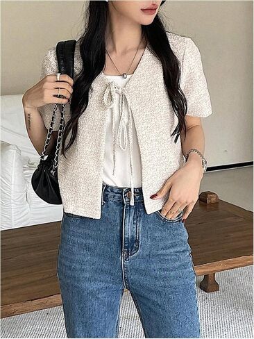 GORGLITTER Women's Tie Front Cardigan Short Sleeve Lightweight Bow V Neck Sweaters in Saudi Arabia