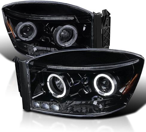 SPEC-D TUNING LED Dual Halo Glossy Black Housing Smoke Lens Projector Headlights Compatible with 2006-2008 Dodge Ram 1500, 2006-2009 Dodge Ram 2500/3500, Left + Right Pair Headlamps Assembly in Kuwait