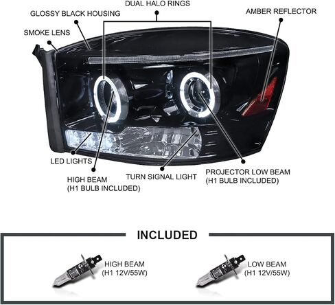 SPEC-D TUNING LED Dual Halo Glossy Black Housing Smoke Lens Projector Headlights Compatible with 2006-2008 Dodge Ram 1500, 2006-2009 Dodge Ram 2500/3500, Left + Right Pair Headlamps Assembly in Kuwait