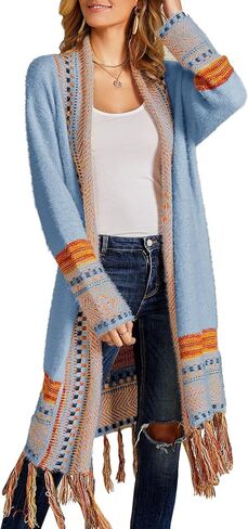 Misassy Womens Boho مفتوحة الأمام الوجهين سترة سترة طويلة فضفاضة طويلة الأكمام تطريز الشرابات كيمونو Duster Outwear in Kuwait